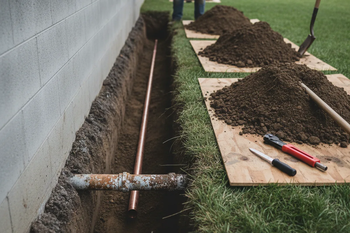 Excavated water line trench during Water Softener Installation in Glen